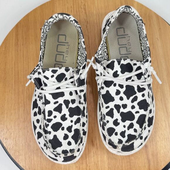 Hey Dude Wendy Milky Way Cow Print Canvas Slip On Shoes White Black Womens 6 - Picture 12 of 12